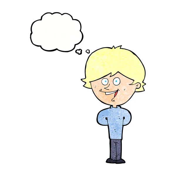 Dibujos animados niño feliz con burbuja de pensamiento — Vector de stock