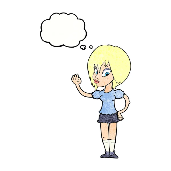 思考の泡で手を振っている漫画の可愛い女性 — ストックベクタ