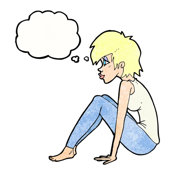 Femme dessin animé assis avec bulle de pensée — Image vectorielle