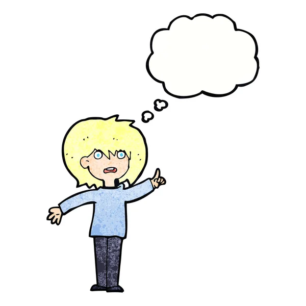 Γελοιογραφία γυναίκα ζητώντας ερώτηση με σκέψη φούσκα — Διανυσματικό Αρχείο