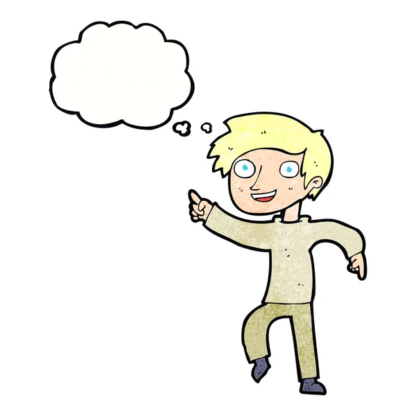 卡通人物快乐的男孩带着思想泡沫指点 — 图库矢量图片