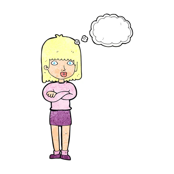 Desenho animado menina bonita inclinando cabeça com bolha de pensamento — Vetor de Stock