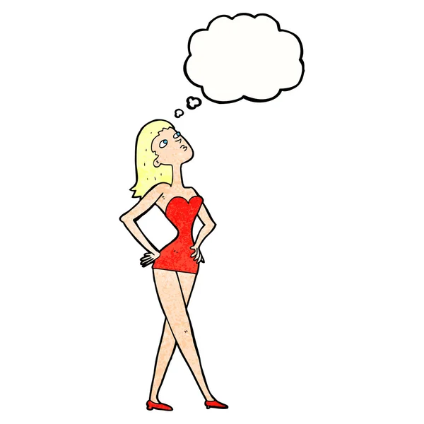 Tecknade kvinnan i festklänning med tankebubbla — Stock vektor