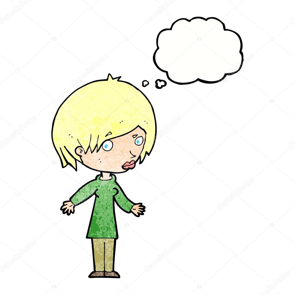 Cartoon pretty girl tilting head with thought bubble