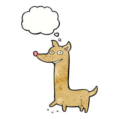 Düşünce kabarcığı olan komik çizgi film köpeği.