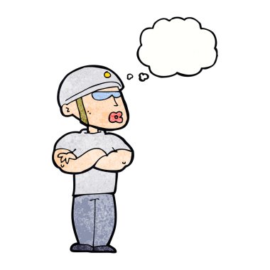 Düşünce baloncuğu olan çizgi film güvenlik görevlisi