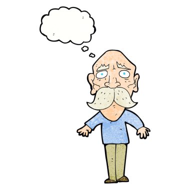 Düşünce baloncuğu olan üzgün yaşlı bir adam.