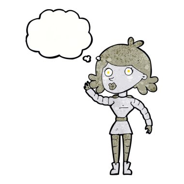 Düşünce baloncuğuyla el sallayan robot kadın