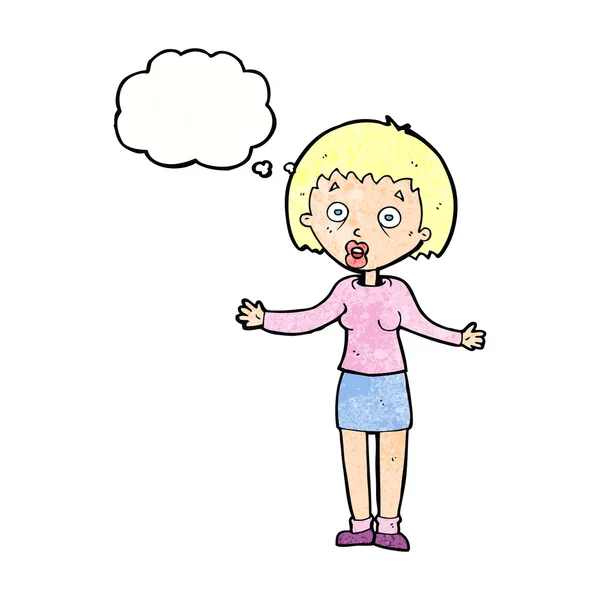 Femme dessin animé faisant des excuses avec bulle de pensée — Image vectorielle