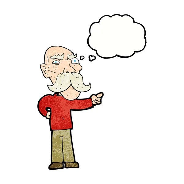 Dessin animé ennuyé vieil homme pointant avec bulle de pensée — Image vectorielle