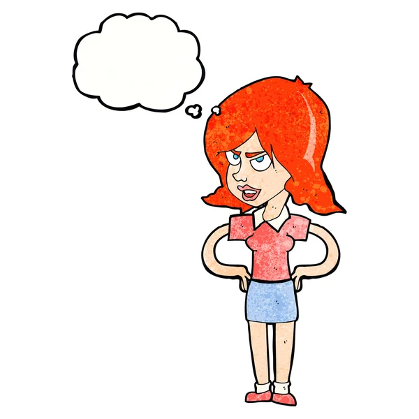 Cartoon annoyed woman with hands on hips with thought bubble — Stock Vector