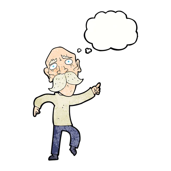 Cartoon sorgligt gammal man pekar med tankebubbla — Stock vektor