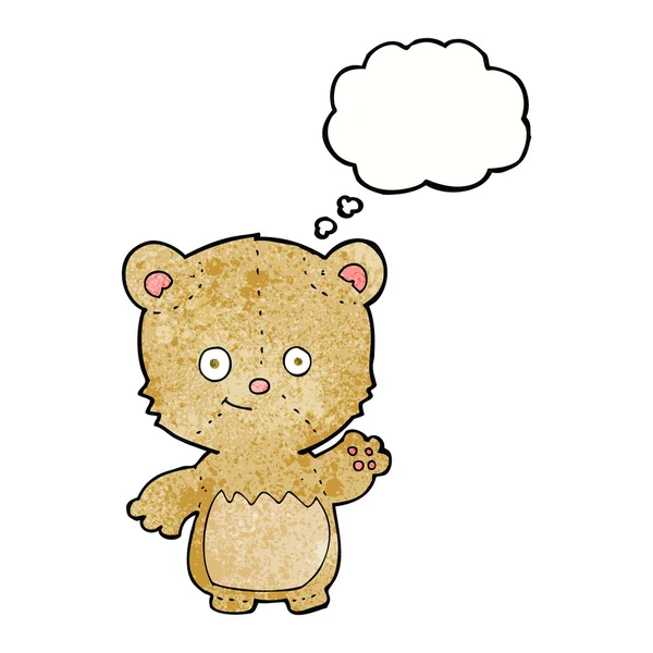 Oso de peluche de dibujos animados ondeando con burbuja de pensamiento — Vector de stock