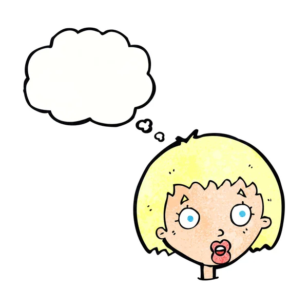 Kartun terkejut wajah perempuan dengan pikiran gelembung - Stok Vektor