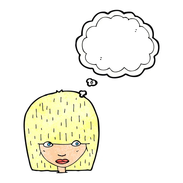 Desenho animado menina bonita inclinando cabeça com bolha de pensamento — Vetor de Stock