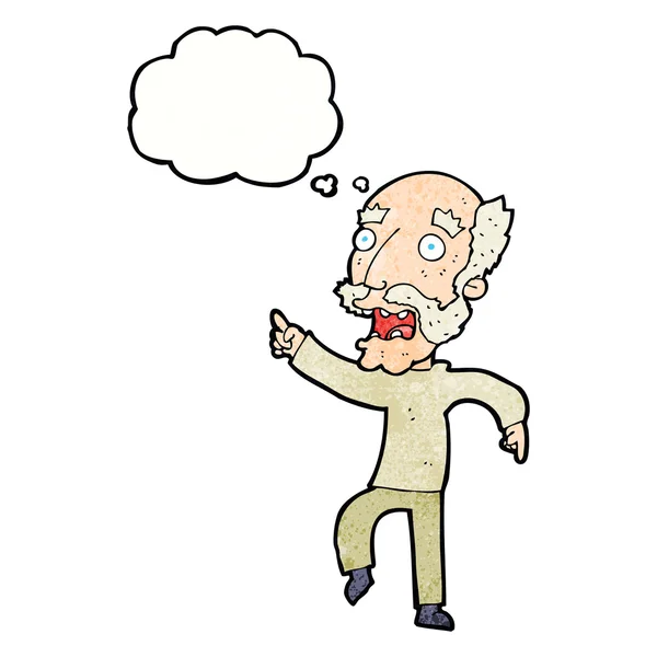 Cartoon frightened old man with thought bubble — Stock Vector