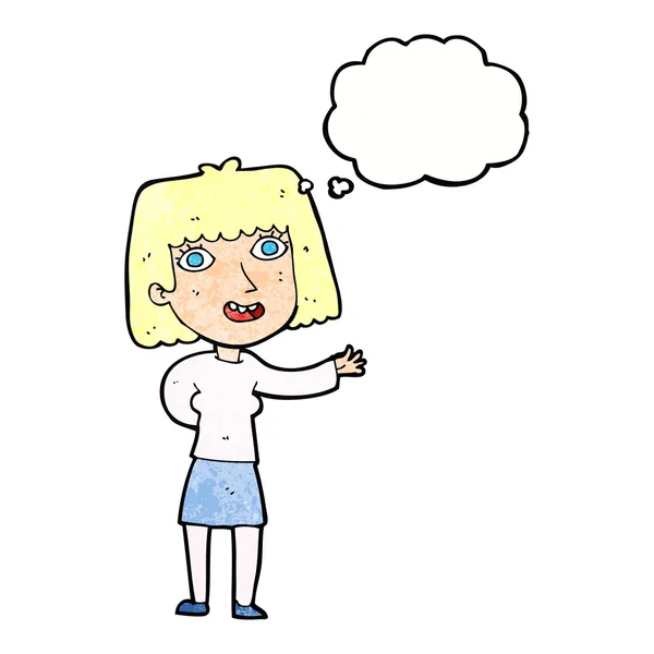 Cartoon vriendelijke vrouw zwaaien met gedachte zeepbel — Stockvector