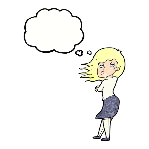 Mujer de dibujos animados haciendo cara de foto con burbuja de pensamiento — Vector de stock