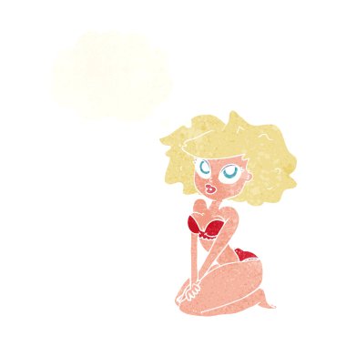 Düşünce baloncuklu bikini giyen kadın.