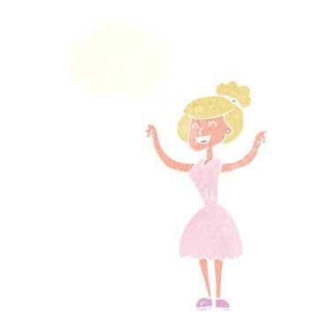 Düşünce baloncuğu olan kollarını kaldırmış çizgi film kadını.