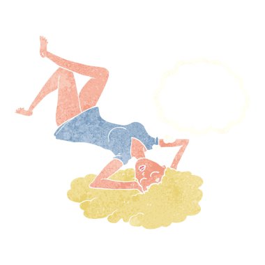 Çizgi filmdeki kadın düşünce baloncuğuyla yerde yatıyor.