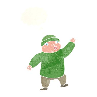 Düşünce baloncuğuyla sallanan şapkalı adam.