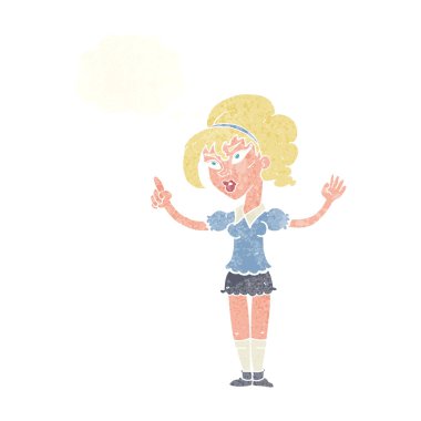 Düşünce baloncuğu olan çizgi film kadını.