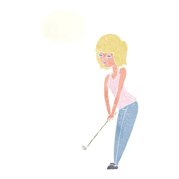 Cartoon vrouw golfen met gedachte bubble — Stockvector