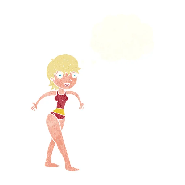 Kreskówki szczęśliwa kobieta w kostium kąpielowy z bańki myślowej — Wektor stockowy