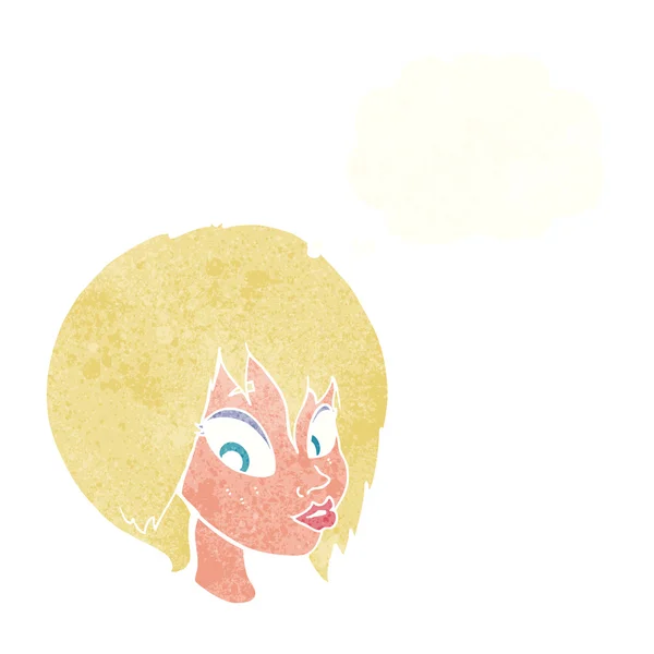 Karikatur hübsches weibliches Gesicht Schmollmund mit Gedankenblase — Stockvektor