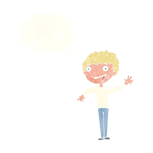 Karikatur glücklicher Junge winkt mit Gedankenblase — Stockvektor