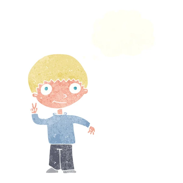 Kreslený chlapec dává mír znamení s myšlenkovou bublinou — Stockový vektor