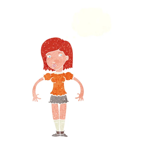 Femme dessin animé regardant latéralement avec bulle de pensée — Image vectorielle