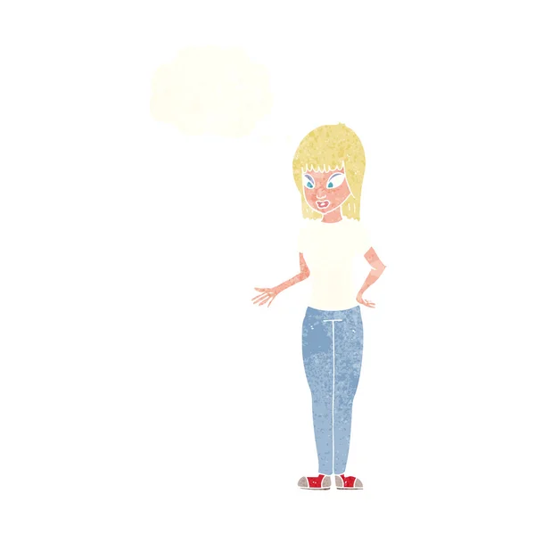 Mujer de dibujos animados explicando con burbuja de pensamiento — Vector de stock