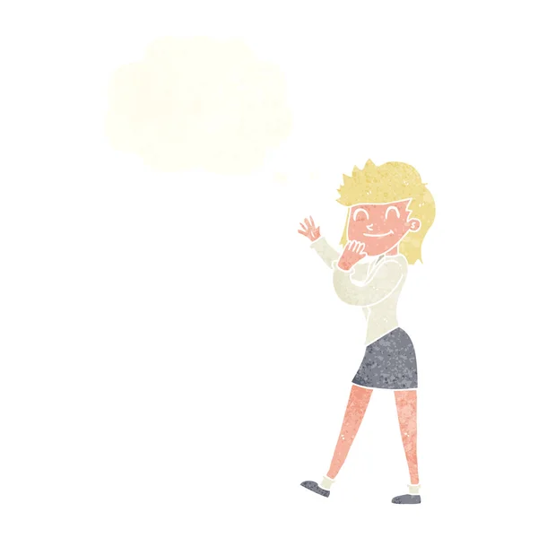 Dessin animé femme d'affaires heureuse avec bulle de pensée — Image vectorielle