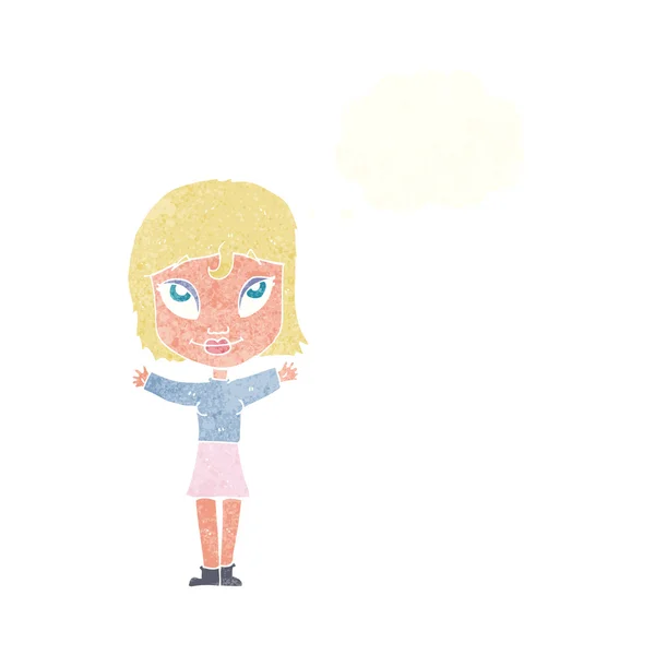 Femme dessin animé à bras ouverts avec bulle de pensée — Image vectorielle