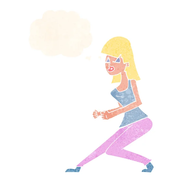 Dibujos animados chica loca bailando con burbuja de pensamiento — Archivo Imágenes Vectoriales