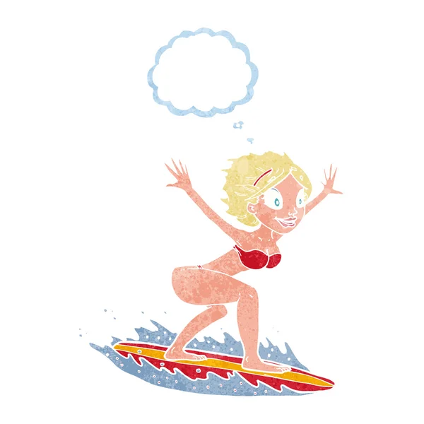 Chica surfista de dibujos animados con burbuja de pensamiento — Vector de stock