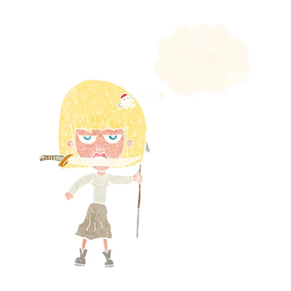 Kreslená žena s nožem a harpunou s myšlenkovou bublinou — Stockový vektor