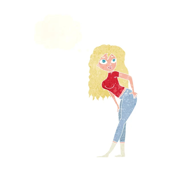 Dibujos animados mujer atractiva mirando sorprendido con burbuja de pensamiento — Vector de stock