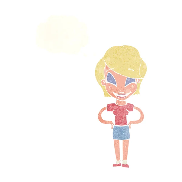 Cartoon Frau mit Händen auf Hüften mit Gedankenblase — Stockvektor