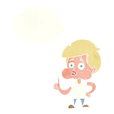 Çizgi filmci çocuk düşünce baloncuğuyla baş parmak işareti yapıyor.