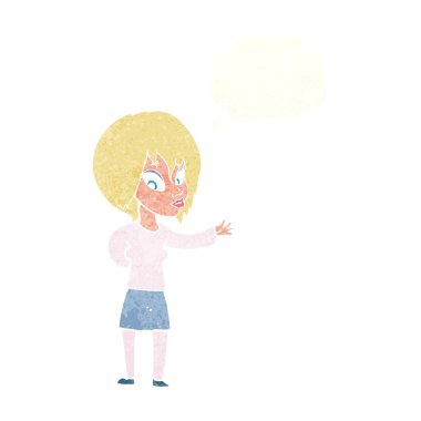 Çizgi filmdeki kadın düşünce balonuyla hoş geldin jesti yapıyor.