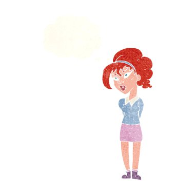 Düşünce baloncuğuyla başını eğen güzel kız.