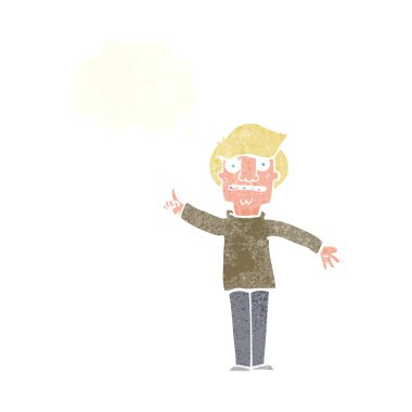 Çizgi filmdeki adam düşünce balonuyla soru soruyor.