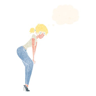 Düşünce baloncuğuyla poz veren çizgi film kadını