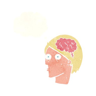 Düşünce baloncuklu beyin sembollü çizgi film başı