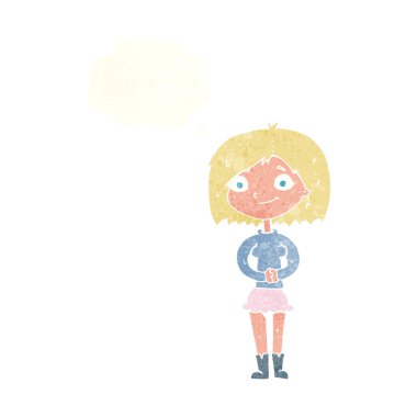 Düşünce baloncuğu olan mutlu çizgi film kadını