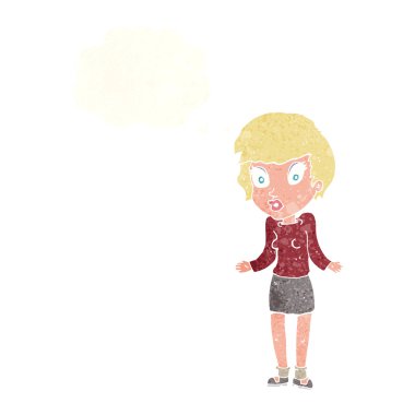 Çizgi filmdeki kadın düşünce balonuyla omuz silkiyor.
