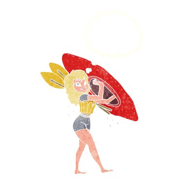 Düşünce baloncuklu kano taşıyan karikatür kadın.